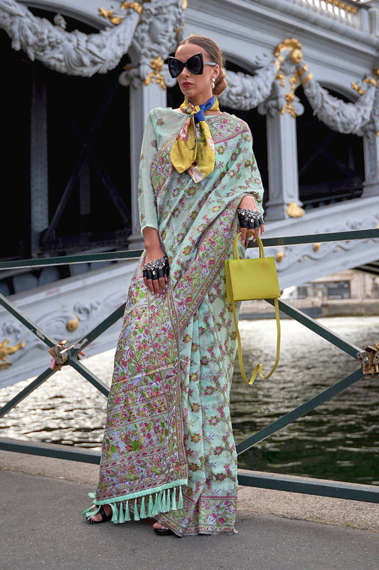 Powder Blue Floral Border Kashmiri Silk Saree with Pretty Blouse