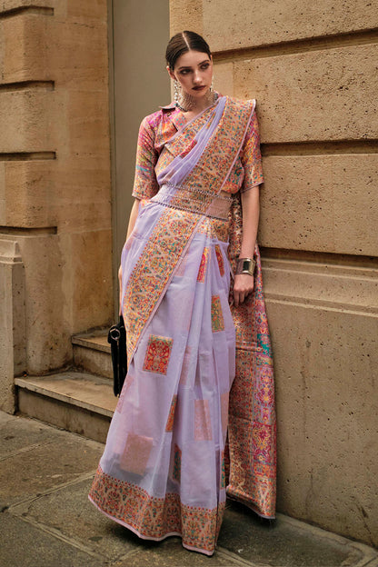 Lavender Purple Kashmiri Silk Saree with Fancy Peach Pink Fancy Blouse