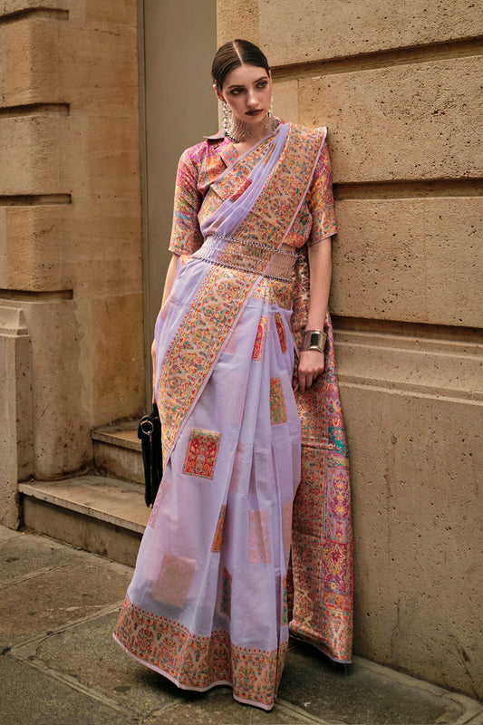 Lavender Purple Kashmiri Silk Saree with Fancy Peach Pink Fancy Blouse