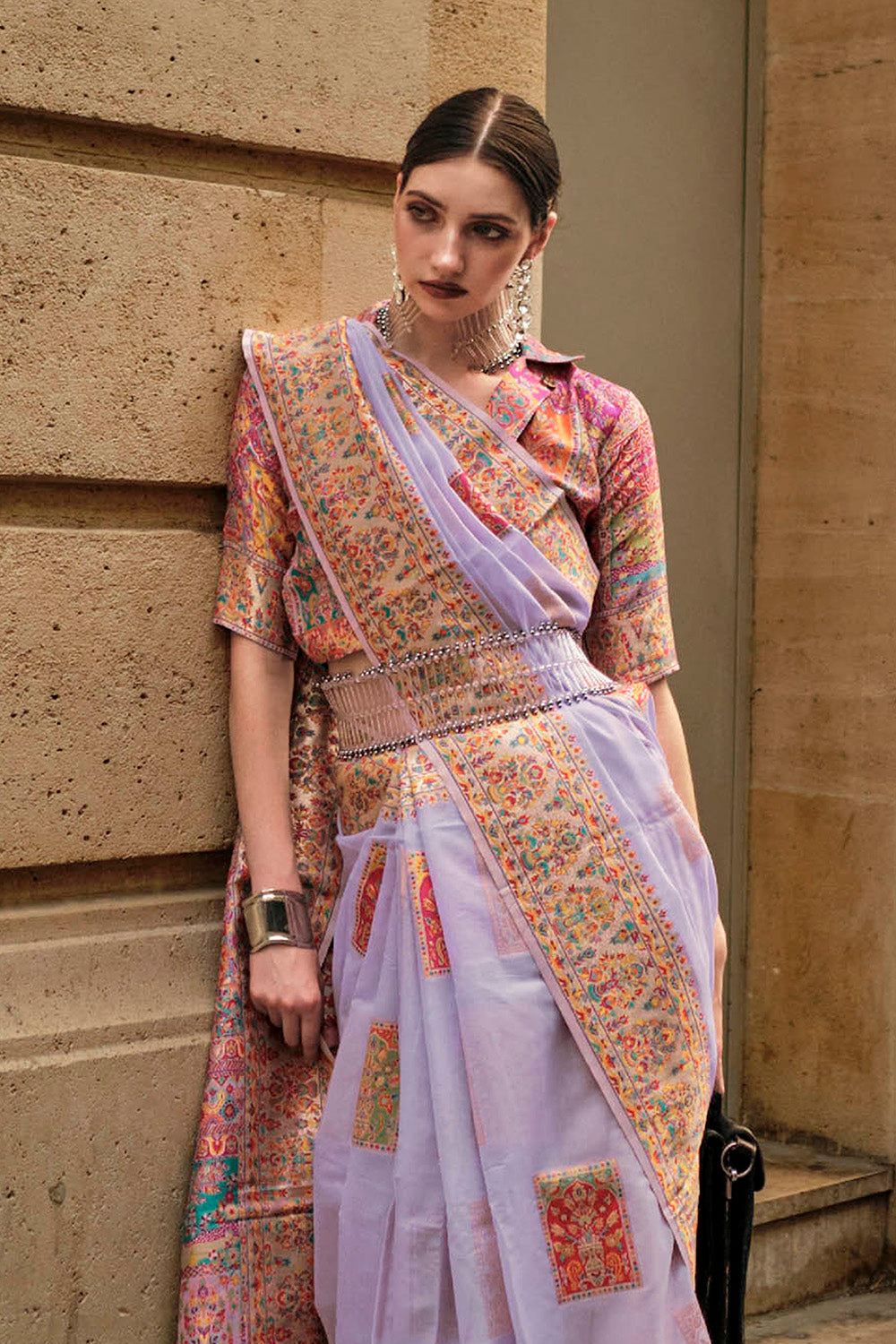 Lavender Purple Kashmiri Silk Saree with Fancy Peach Pink Fancy Blouse