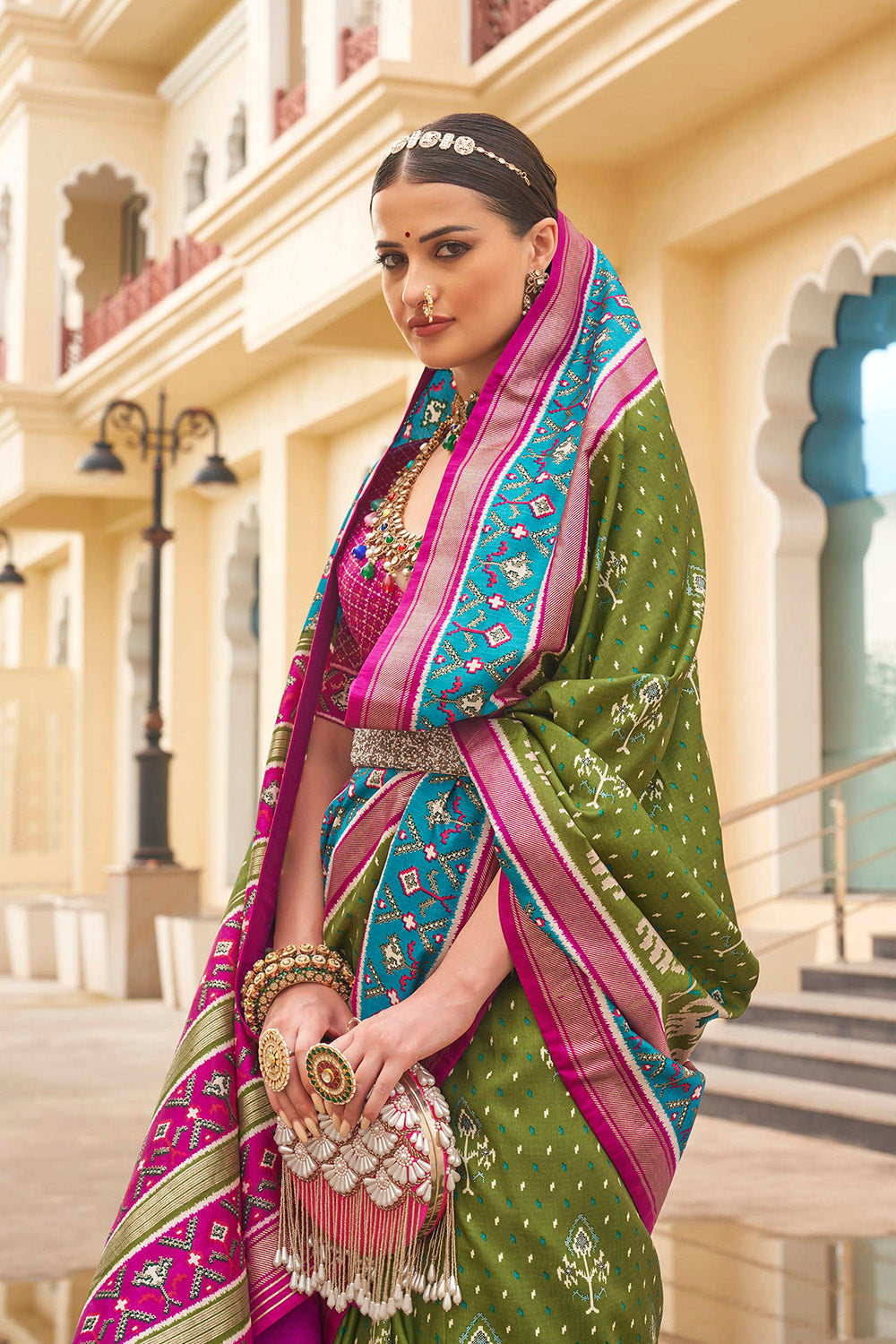 Olive Green & Pink Ikkat Patola Saree with Designer Blouse