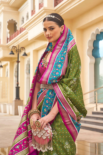 Olive Green & Pink Ikkat Patola Saree with Designer Blouse