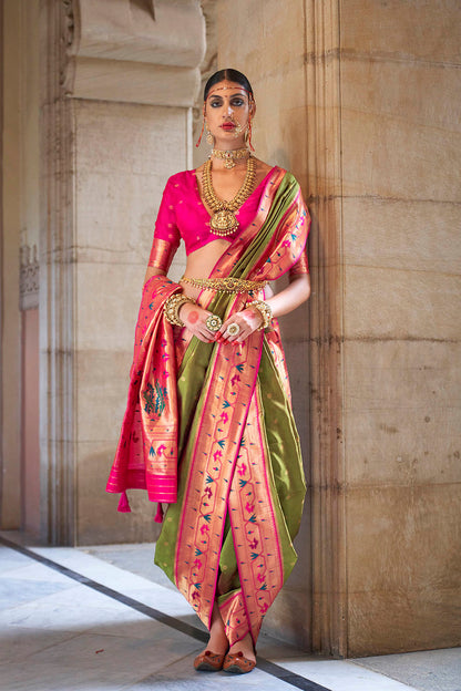 Olive Green & Pink Border Paithani Saree with Hot Pink Fancy Blouse