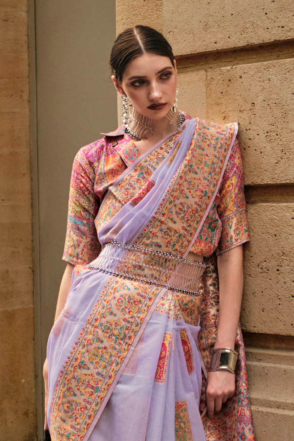 Lavender Purple Kashmiri Silk Saree with Fancy Peach Pink Fancy Blouse