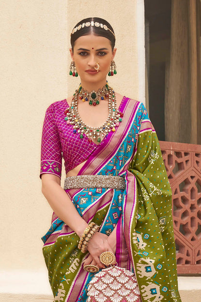 Olive Green & Pink Ikkat Patola Saree with Designer Blouse