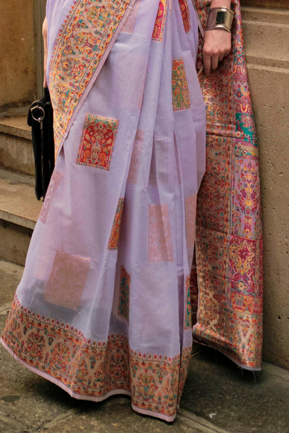 Lavender Purple Kashmiri Silk Saree with Fancy Peach Pink Fancy Blouse