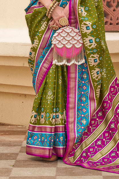 Olive Green & Pink Ikkat Patola Saree with Designer Blouse
