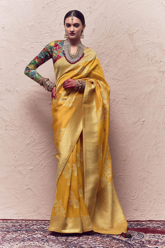 Amber Yellow & Golden Heavy Border Banarasi Silk Saree with Fancy Blouse