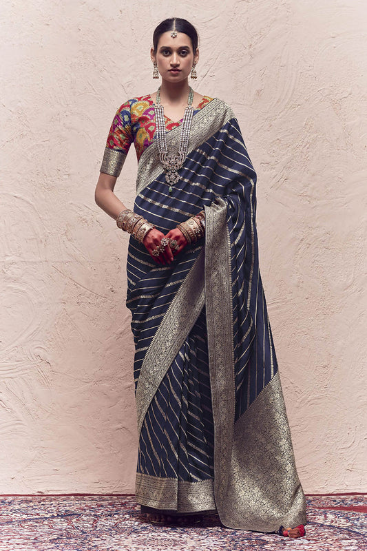 Shadow Grey & Silver Border Banarasi Silk Saree with Multi-colored Blouse