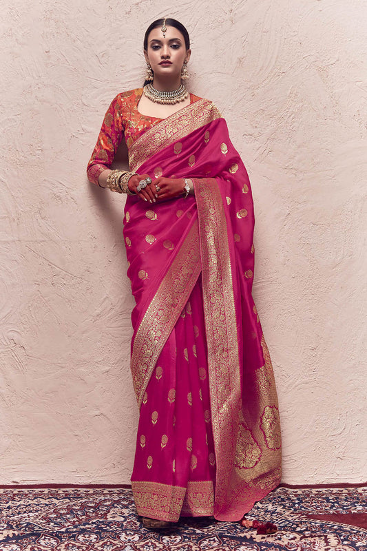 Hot Pink & Golden Heavy Border Banarasi Silk Saree with Coral Pretty Blouse