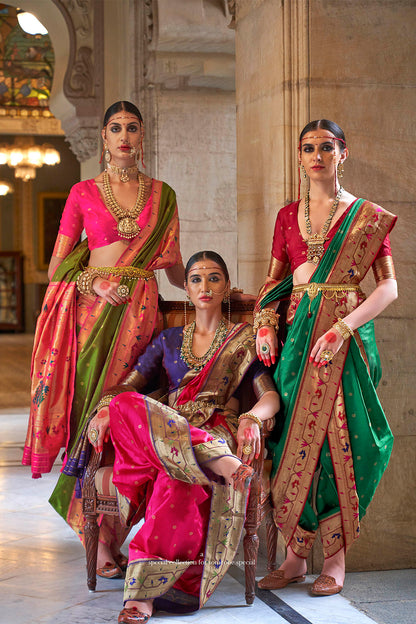 Olive Green & Pink Border Paithani Saree with Hot Pink Fancy Blouse
