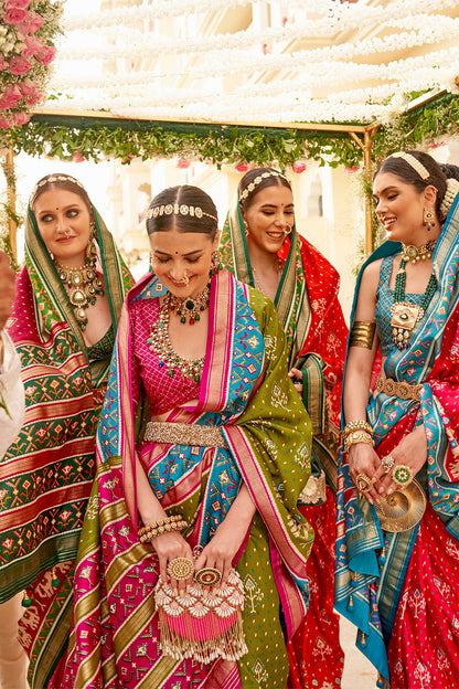 Olive Green & Pink Ikkat Patola Saree with Designer Blouse