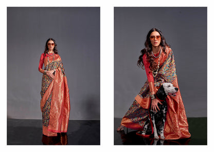 Black & Multi-coloredn Red Border Kashmiri Saree with Designer Blouse