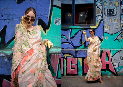 Cream Floral Border Banarasi Silk Saree with Off White Blouse