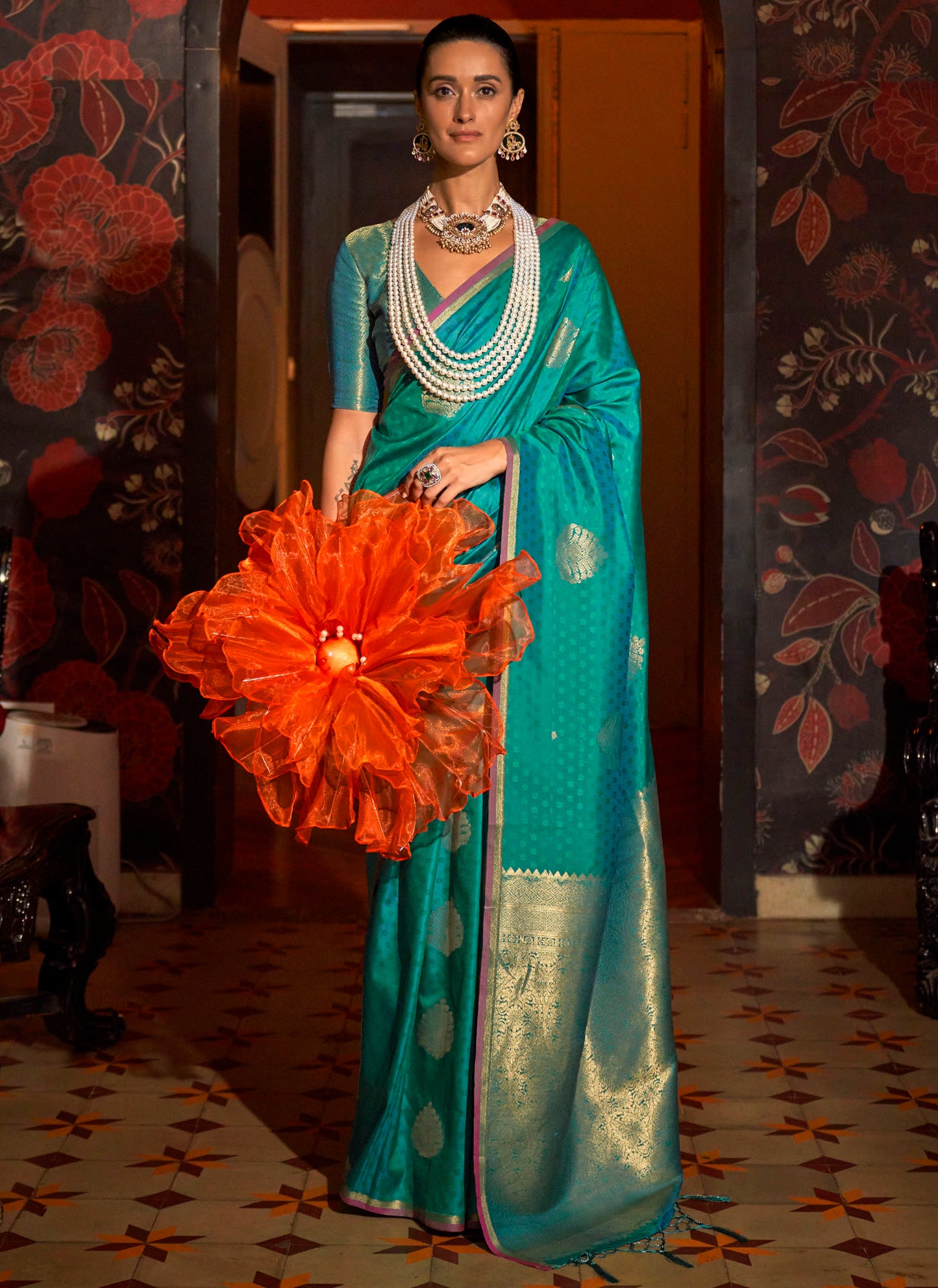 Sea Green Banarasi Silk Saree with Golden Border & Pretty Blouse