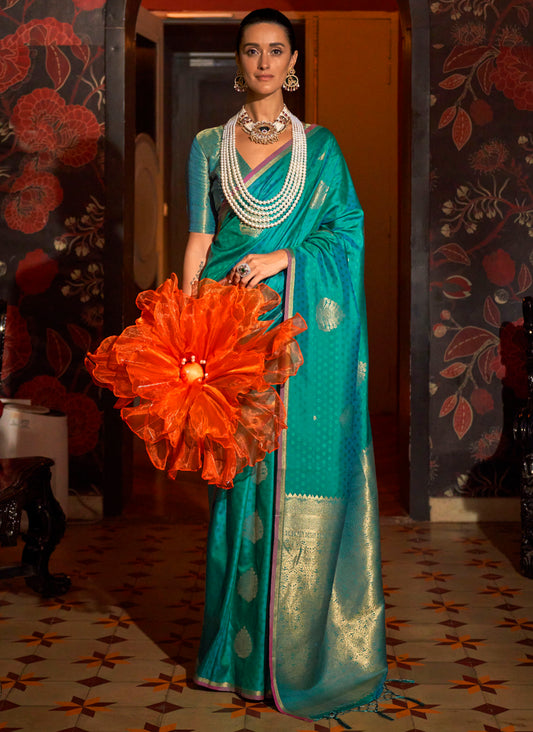 Sea Green Banarasi Silk Saree with Golden Border & Pretty Blouse