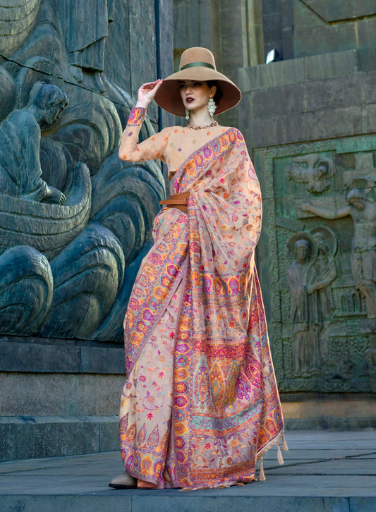 Carnation Pink Floral Kashmiri Kani Silk Saree with Pretty Blouse