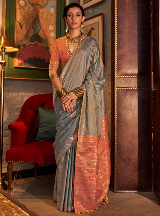 Grey & Tangerine Orange Border Tussar Silk Saree with Tangerine Orange Fancy Blouse