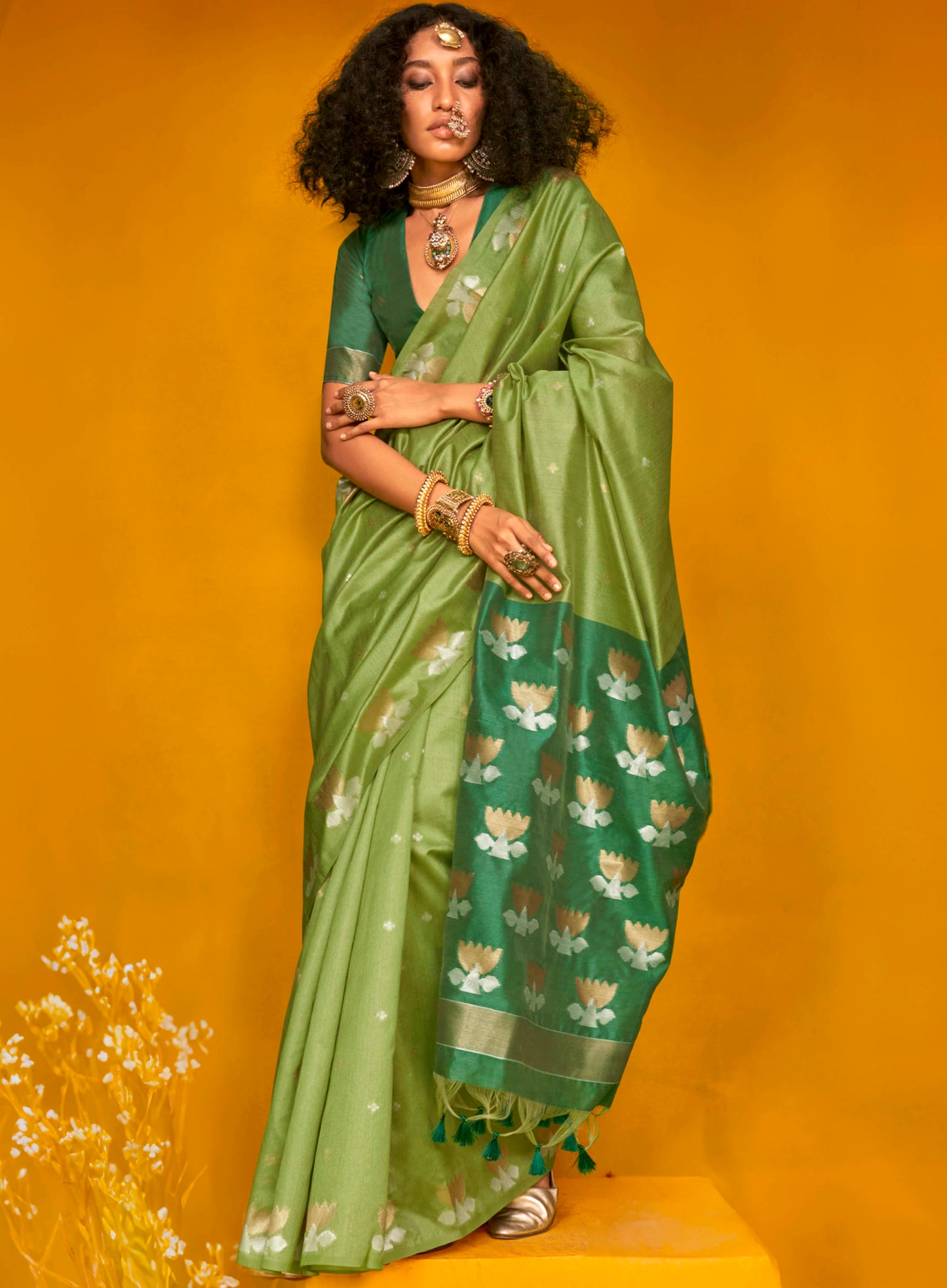 Kelly Green & Dark Green Satin Saree with Same Colored Blouse