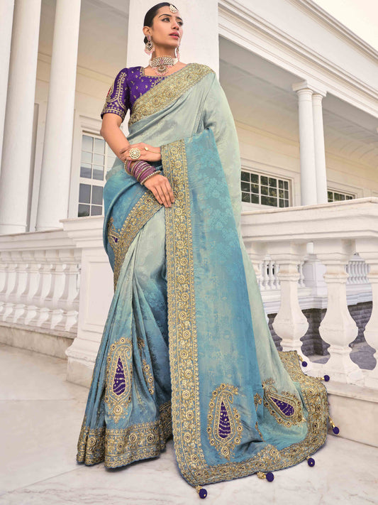 Sky Blue & White Shade Bridal Indian Saree with Purple Fancy Blouse