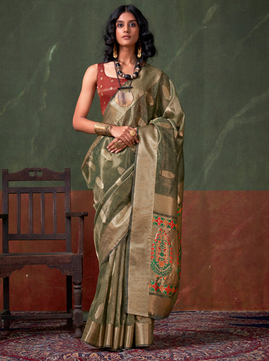 Olive Green Paithani Style Pallu Tissue Saree with Sleeve Less Designer Blouse