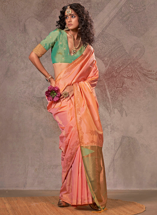Tangerine Orange Kanjeevaram Silk Saree with Jungle Green Pretty Blouse