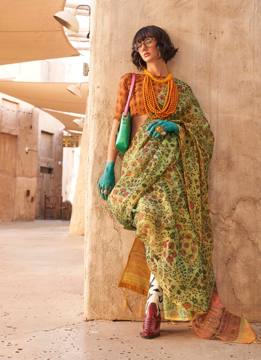Kelley Green Organza Saree with Orange Designer Blouse