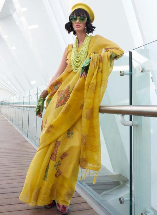 Lemon Yellow Tissue Silk Saree with Designer Same Colored Blouse