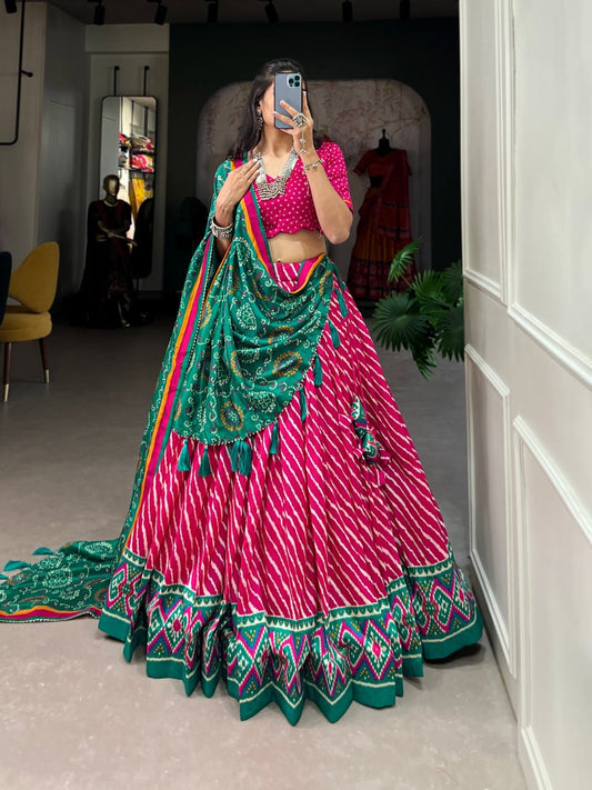Hot Pink & Jungle Green Leheriya Style Lehengas with Blouse and Dupatta