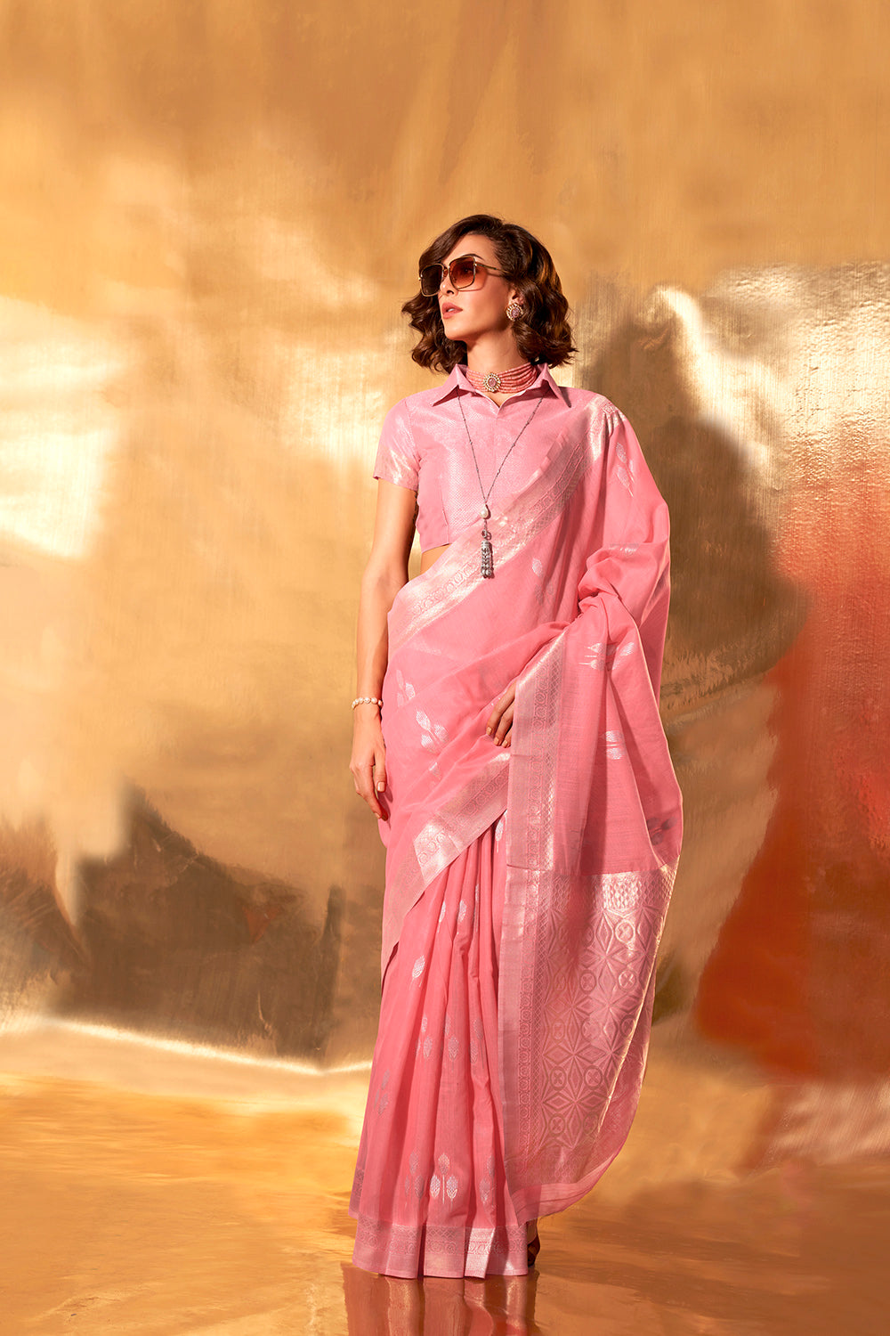 Rose Pink Banarasi Silk Saree with Pretty Same Colored Blouse