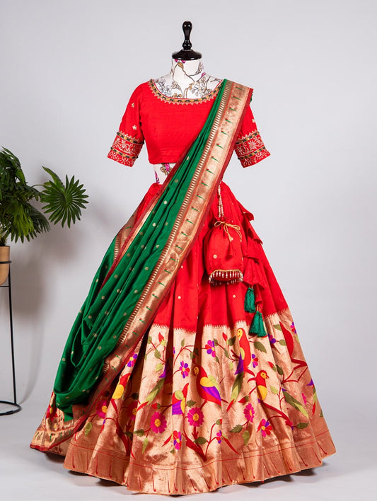 Red Paithani Silk Lehengas with Contrast Dupatta and Matching Blouse