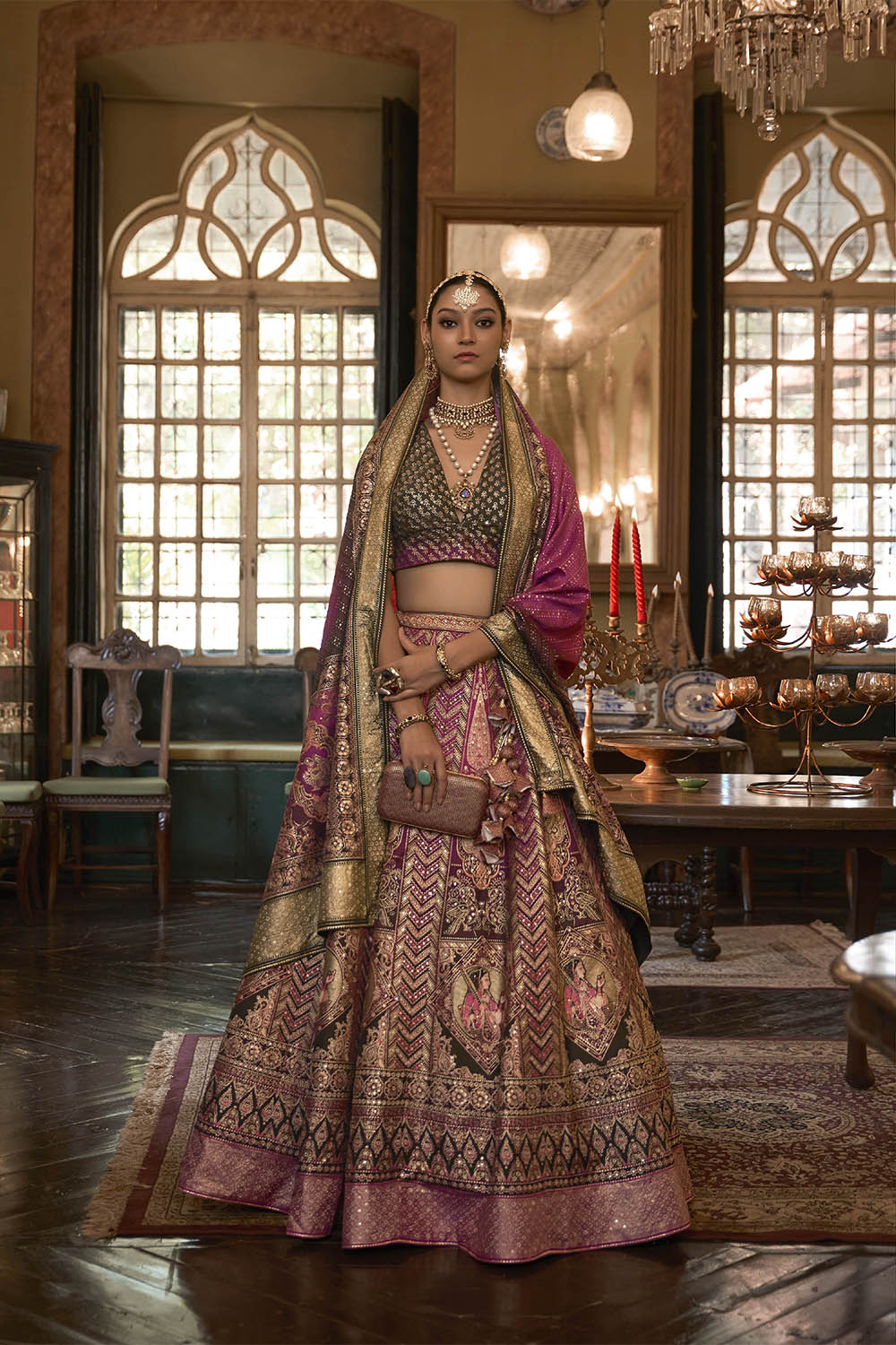 Olive with Pink Maharani Style Soft Silk Designer Lahenga Choli for Woman