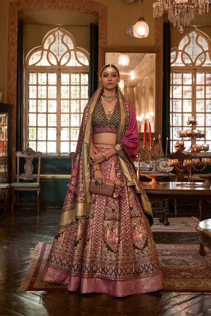 Olive with Pink Maharani Style Soft Silk Designer Lahenga Choli for Woman