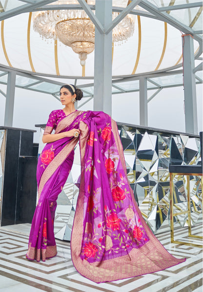 Fandango Purple & Gplden Border Floral Banarasi Silk Saree with Fancy Blouse