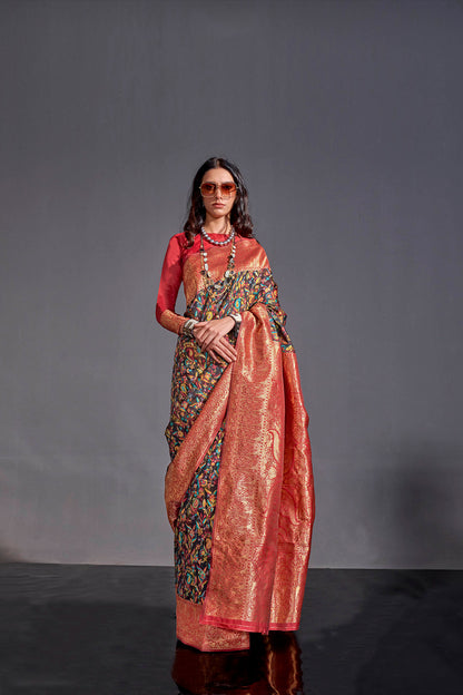 Black & Multi-coloredn Red Border Kashmiri Saree with Designer Blouse