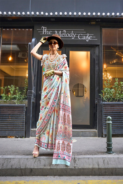 Off White & Multicolored Printed Saree with Designer Blouse