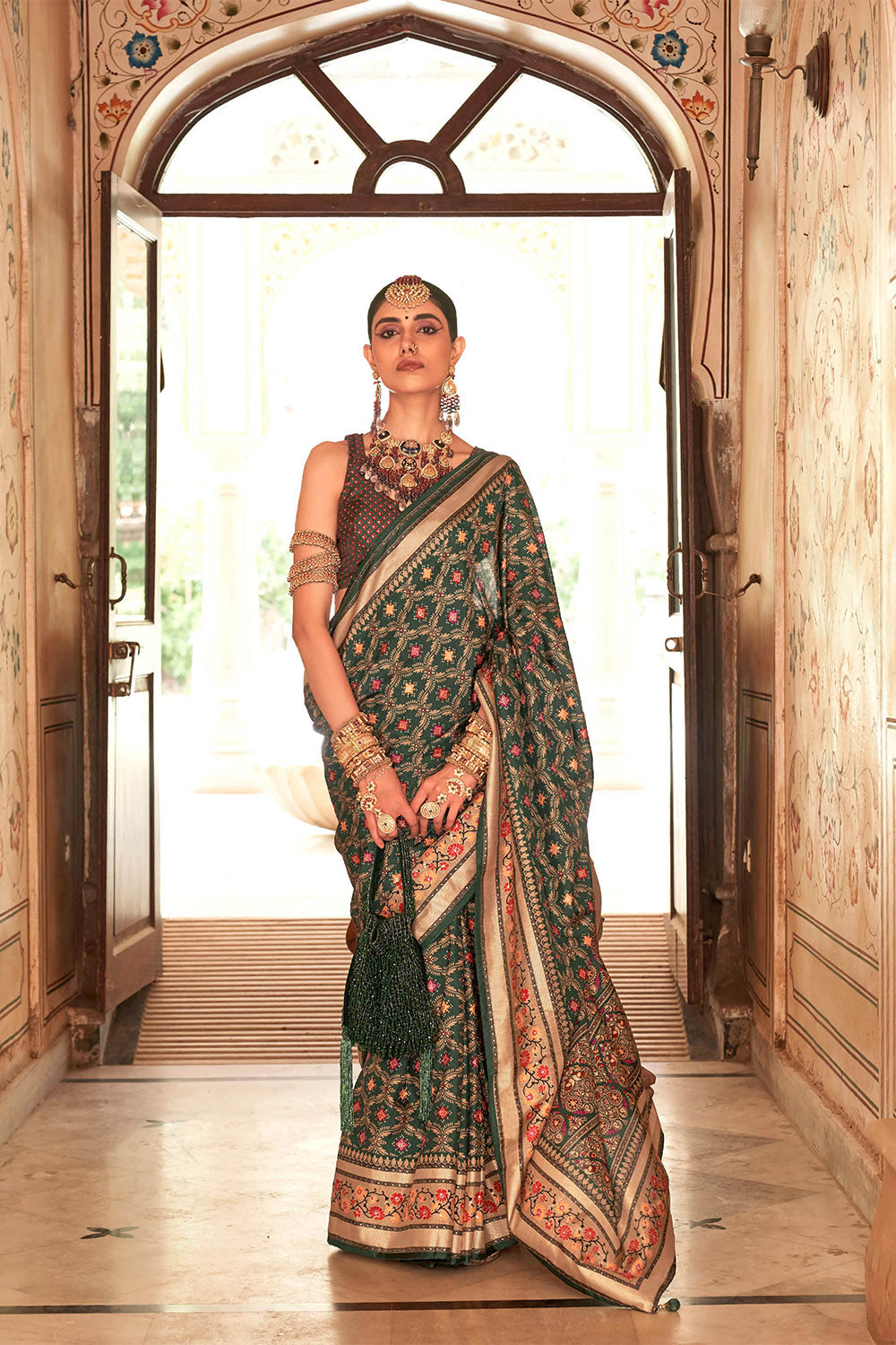 Army Green & Golden Border Patola Saree with Contrast Designer Blouse