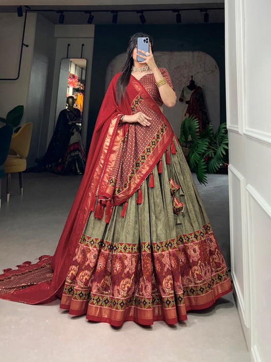 Red & Green Banarasi Brocade Woven Jaal Design Silk Lehengas with Dupatta