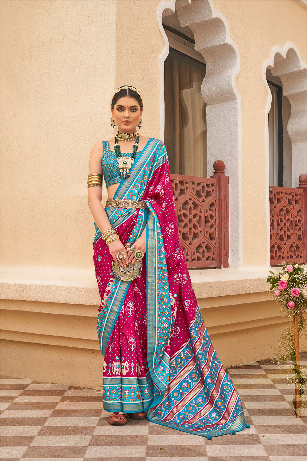 Baby Pink & Ruby Pink Ikkat Patola Saree with Contrast Baby Blue Pretty Blouse
