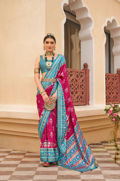 Baby Pink & Ruby Pink Ikkat Patola Saree with Contrast Baby Blue Pretty Blouse