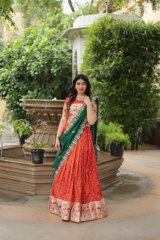 Paithani Silk Lehengas with Contrast Dupatta and Matching Paithani Blouse