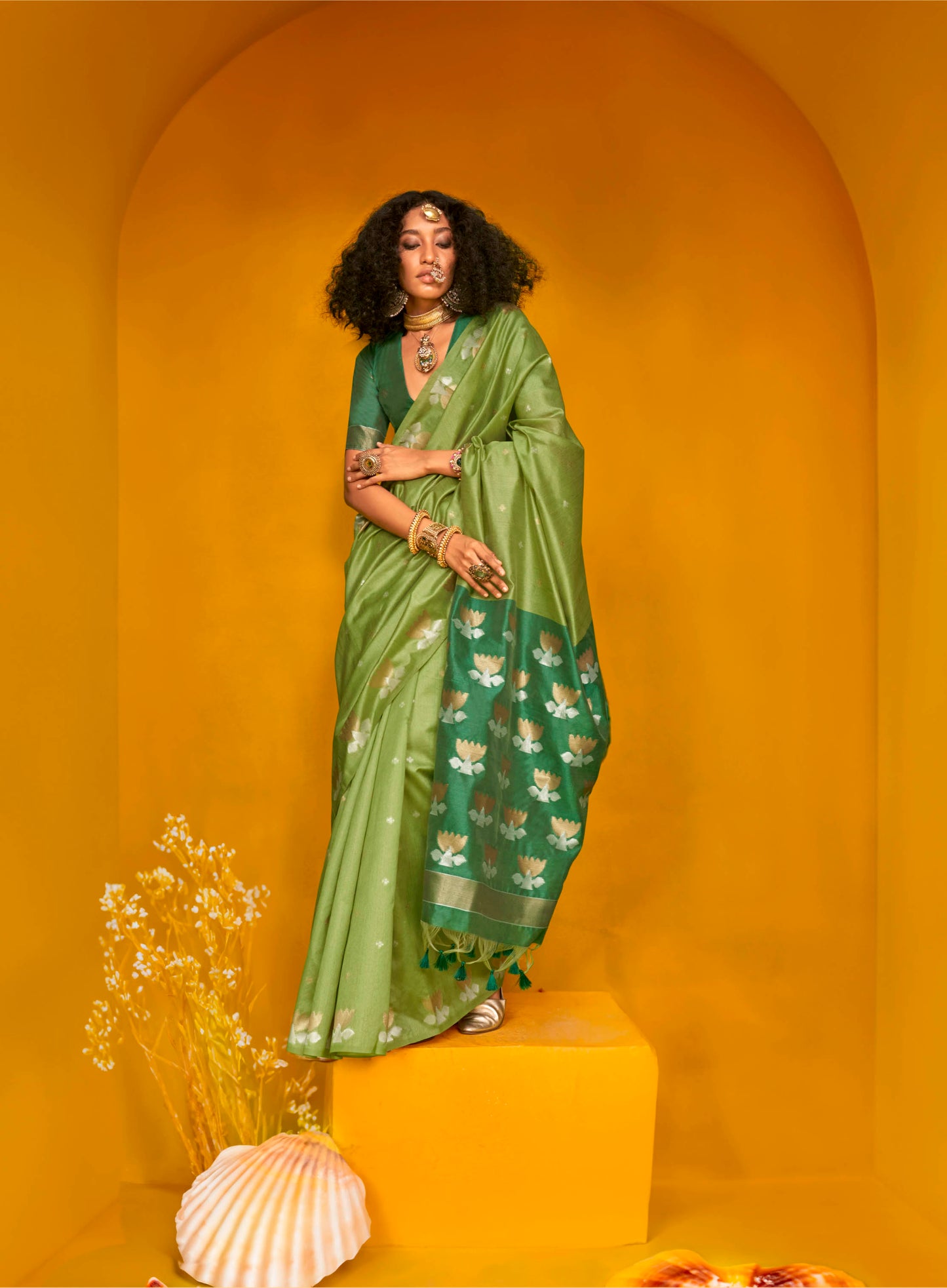Kelly Green & Dark Green Satin Saree with Same Colored Blouse