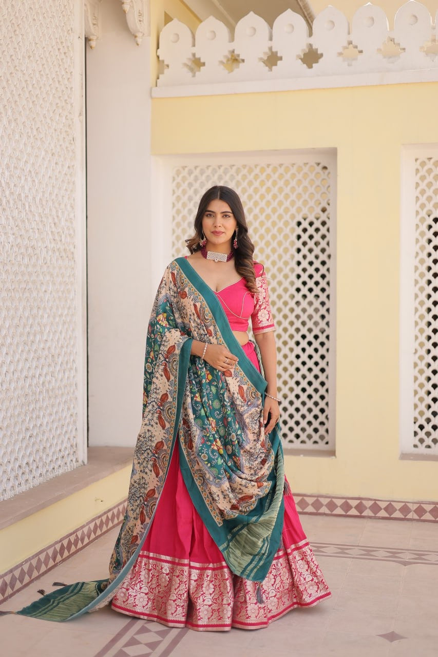 Ruby Pink Kalamkari South Indian Style Designer Lehengas with Blouse