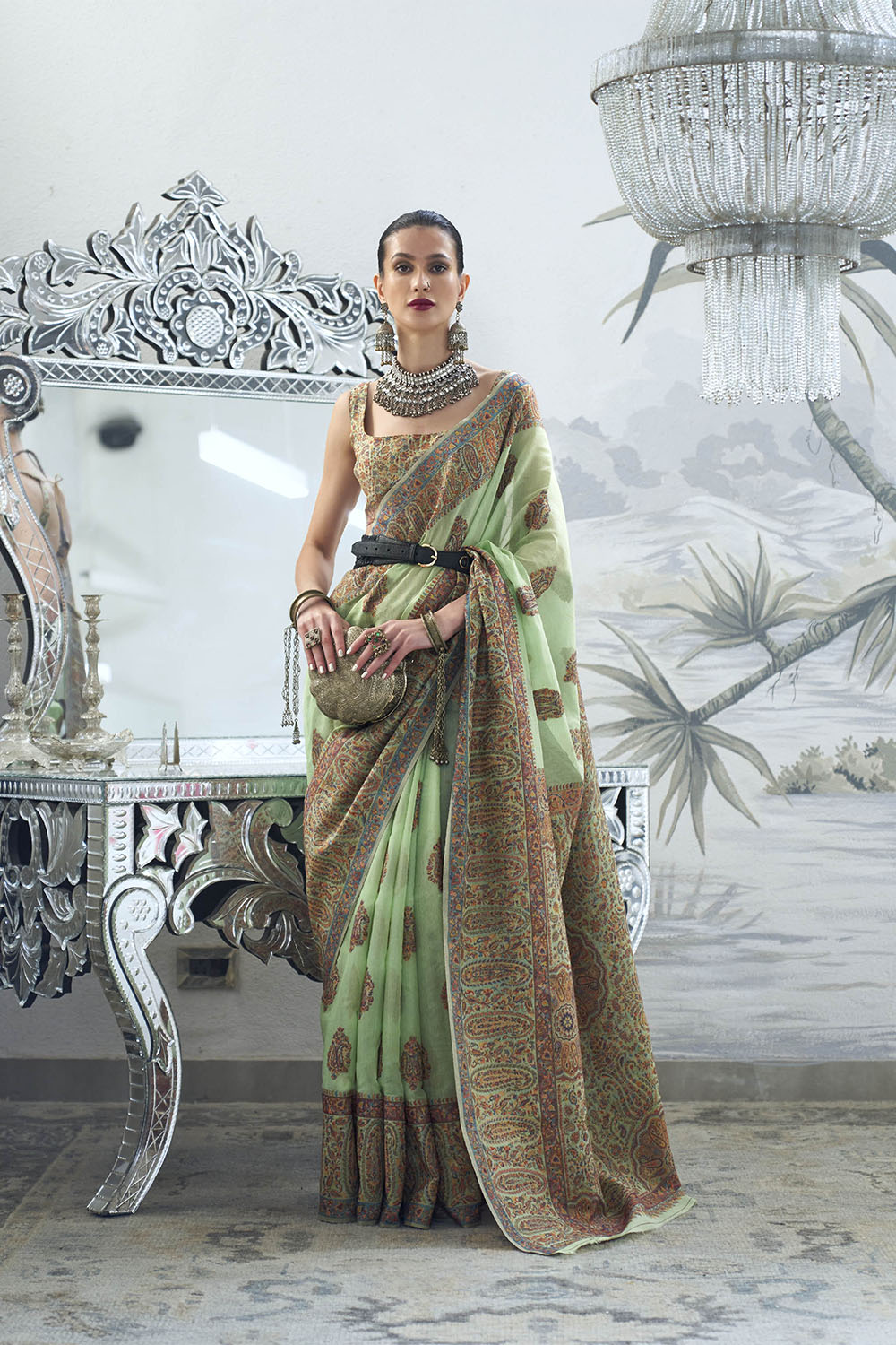 Mint Green & Floral Design Kashmiri Kani Saree with Beautiful Designer Blouse