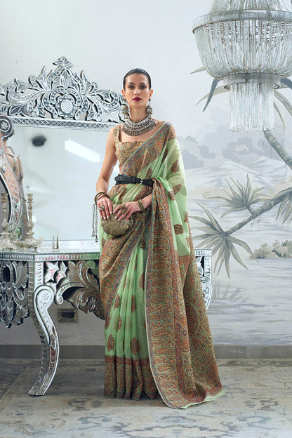 Mint Green & Floral Design Kashmiri Kani Saree with Beautiful Designer Blouse