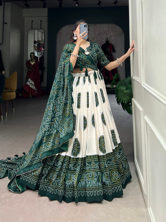 Green & White Bandhani Rasmandal Lehengas with Bandhani Blouse and Dupatta