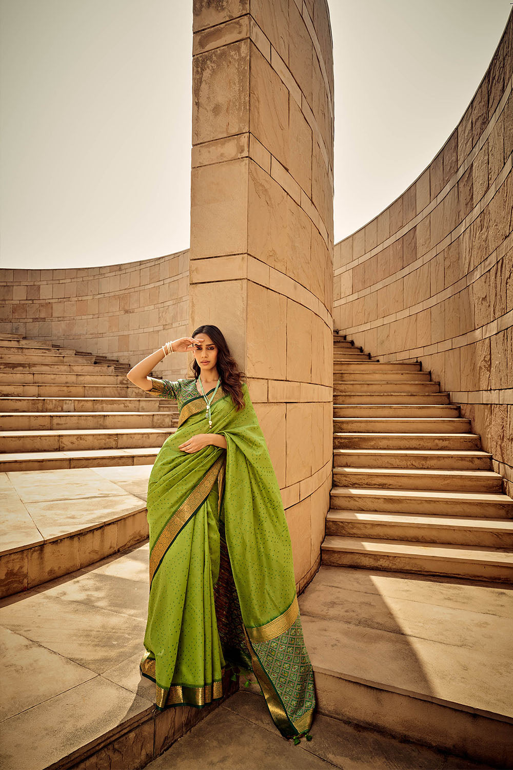 Kelly Green & Golden Border Bandhani Saree with Sea Green Designer Blouse