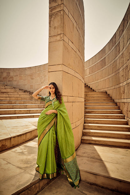 Kelly Green & Golden Border Bandhani Saree with Sea Green Designer Blouse
