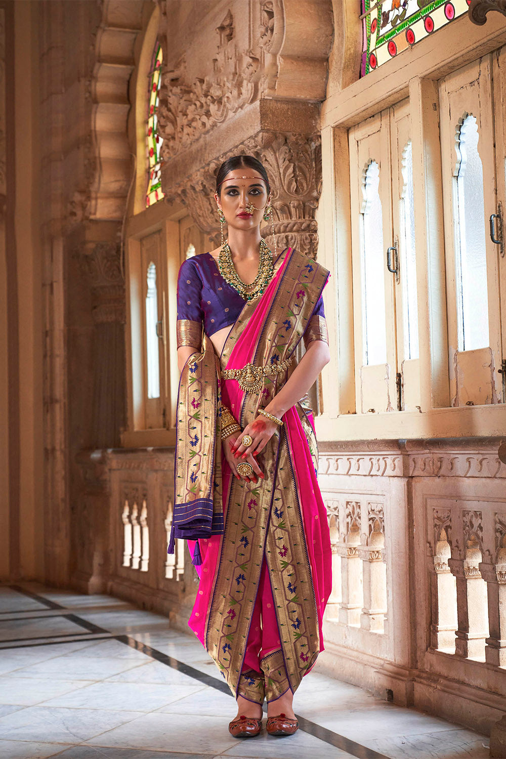 Hot pink &Golden Border Paithani Saree with Purple Designer Blouse