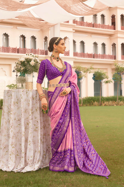 Purple & Baby Pink Ikkat Patola Saree with Designer Contrast Blouse